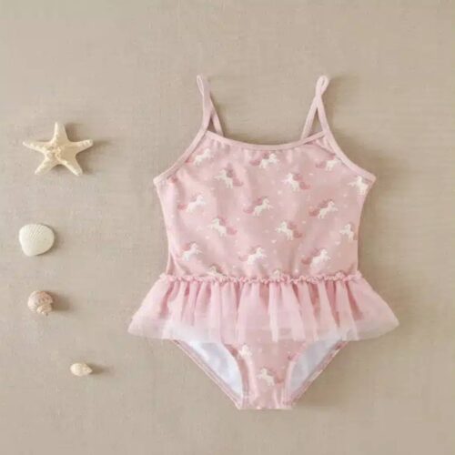 Bañador de niña rosa de unicornio con falda de tul