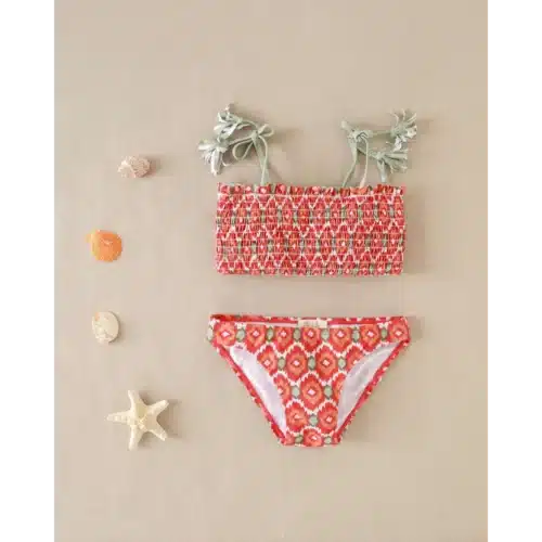 Bikini de niña con estampado geometrico y nido de abeja